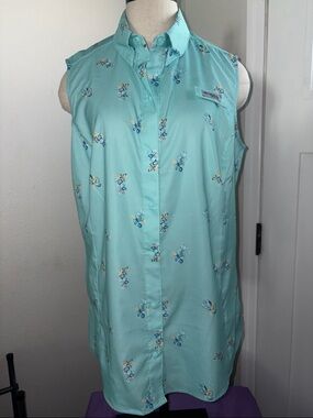 Columbia Aqua Floral Sleeveless Camp Shirt